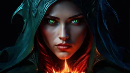 Armageddon. ragnarok. molten lava. 18 year old female sorcerer. magical green eyes. blue fire. red sparks. exquisite realism, a masterpiece, fantasy concept art, dynamic lighting, hyperdetailed, intricately detailed, deep color, Unreal Engine, volumetric lighting , Epic cinematic brilliant stunning intricate meticulously detailed dramatic atmospheric maximal, the naked truth