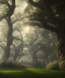 long promenade in a grand garden with ancient trees lining a cobblestone path, perfect composition, beautiful detailed intricate insanely detailed octane render trending on artstation, 8 k artistic photography, photorealistic concept art, soft natural volumetric cinematic perfect light, chiaroscuro, award - winning photograph, masterpiece, oil on canvas, raphael, caravaggio, Angkor