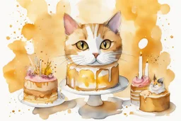 beautiful composition, cat birthday party with cake, watercolor and ink, golden glitters in ochre in sunshine