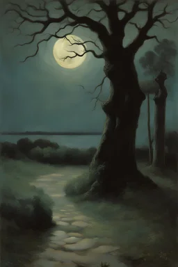 Night, tree leaves, moon, rocks, clouds, creepy gothic movies influence, horror, gustave caillebotte, alfred stevens, and anna boch impressionism paintings