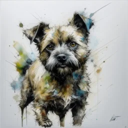 A minimalist portrait of a border terrier by Ryan Hewett , willem haenraets, watercolor, wet on wet and splattering techniques, centered, perfect composition, abstraction, surrealism