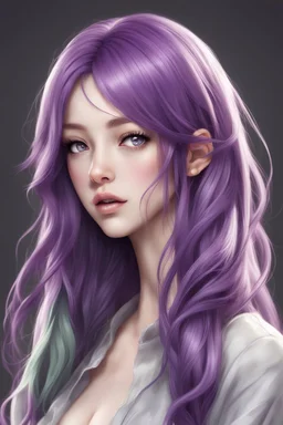 beautiful woman with green eyes and long purple hair anime realistic