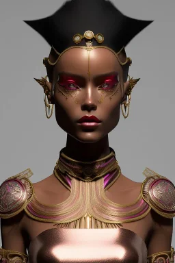 Beautiful perfect Portrait bronze skin, red to pink mohawk Emocore ElfPunk Cuban lady, bare muscular midriff BlackFuturism full body shot, full-color long shot skin-tight ornate black filigree sheer crop top armor and silver leather miniskirt with thigh-high slit positive space detailed hyperdetailed insane masterpiece picture of the day