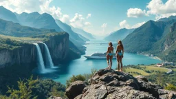 a picture of natural landscape that includes majestic mountains and a serene countryside. Additionally, incorporate details about a stunning, large waterfall that enhances the beauty of the scene. The output should be structured as a narrative, painting a clear image with rich, descriptive language that evokes the sights and sounds of this beautiful environment water fall falls to a big sea with modern ship in it.3 fullbody ladys in One Piece - Athletic Swimsuit,standing over rocks at hight