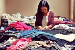 fotografía real, realizada con una cámara Canon y un objetivo de 35 mm, de una mujer seleccionando prendas de entre un montón de ropa.
