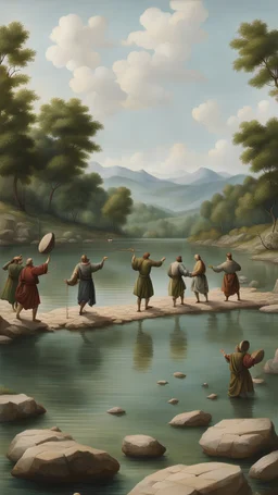 a few people throwing rocks to each other in a lake, year 1325 ,hyperrealistic