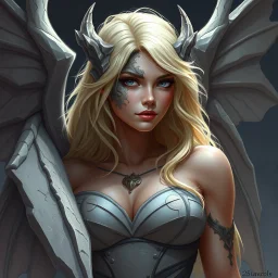 a blonde fantasy woman who is turning into a gargoyle, her face is partially stone, stone wings, digital art, stylised