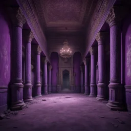 Hyper Realistic big dark hall of an abandoned haunted Indian Palace with decorated purple walls & pillars at night