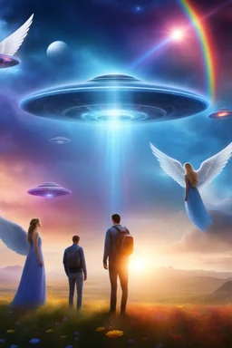 ufo rainbow, , ufos fleet, intergalactic,angels, beaux paysages fleuris