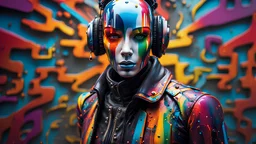 A mechanical mannequin. graffiti art, splash art, street art, spray paint, oil gouache melting, acrylic, high contrast, colorful polychromatic, ultra-detailed, ultra quality, CGSociety, deep color Hyperrealistic, splash art, concept art, mid shot, intricately detailed, color depth, dramatic, 2/3 face angle, side light, colorful background