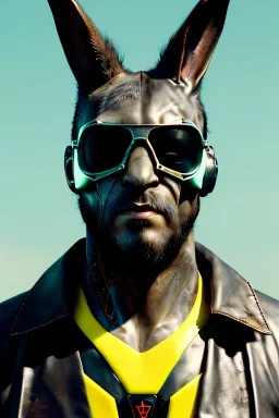 Medium Close Up Portrait, Front image. cyberpunk, rabbit mask, british man, black hair and beard. latex suit army. Red, yellow, color. Mad max style. Color background, photo studio. Avatar image, highly detailed, concept art, smooth, unreal engine 5, ray tracing, RTX, lumen lighting, ultra detail, volumetric lighting, 3d, finely drawn, high definition, high resolution.