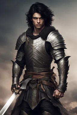 young man warrior with black hair and hazel eyes, dressed as an epic warrior armor carrying a sword and a dagger