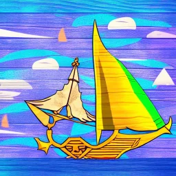 Legend Of Zelda: Wind Waker style Small wooden ship, with bright sails, on a vast ocean, stylized, celshaded, colorful, adventurous, full view.