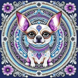 coloring pages: Whimsical Chihuahua Mandala Wonderland a whimsical Chihuahua immersed in a fantastical mandala wonderland, vibrant colors, floating mandalas, and dreamlike elements, creating an otherworldly atmosphere. The artwork, done in an illustration style reminiscent of children's storybooks, features intricate details, soft lighting, and a sense of magic. coloring page