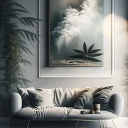 Design an artwork background that showcases the pleasure and relaxation derived from indulging in hash and weed, using elements like soft textures, hazy atmospheres, and gentle curves to evoke a sense of tranquility and bliss.