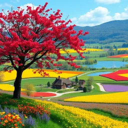 A colorful spring countryside landscape with a large tree with red blossoms in the foreground, a small village with thatched houses in the middle of the ground and a reservoir with a boat in the distance. In the background are magnificent flower fields in yellow, purple, red and orange colors. The scene has a warm color palette