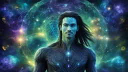 beautiful gorgeous young man na'vi with long hair, Avatar, blue skin, two small ears, green eyes, black hair, in cosmic suit, galactic ambiance, medium pointy goatee , smiling, nebulas and sacred geometry light figures on the backgroud,