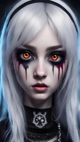 Perfect emo girl, realistic insane graphics hyper realism very detailed face very detailed Large eyes crazy luminous glowing eyes of the eyes random color hyper neon colors goth punk, cute white hair, Gothic bloody eyeliner, admitting in otherworldly glowing eyes super detail, eyes are super intense detail, portrait beautiful facial structure, 8K resolution, perfect lighting , pale ,Queen,award-winning,