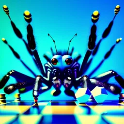 close up of a large hairy blue spider smiling and playing chess, photorealistic, blender render, wide angle lens, 4k, two birds, jungle,