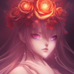 anime, epic dark queen,tears, majestic, ominous, fire, fiery red roses, intricate, masterpiece, expert, insanely detailed, 4k resolution, retroanime style, cute big circular reflective eyes, cinematic smooth, intricate detail , soft smooth lighting, soft pastel colors, painted Rena