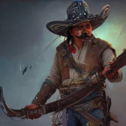 Insanely detailed photograph of an “ a mustachioed cowboy warrior ” with worn Sombrero, handsome charo,cigar,crossbow in hand, hyperdetailed painting by Ismail Inceoglu Huang Guangjian and Dan Witz CGSociety ZBrush Central fantasy art album cover art,8K, hdr, mysterious, flickeringlights ,Stoic