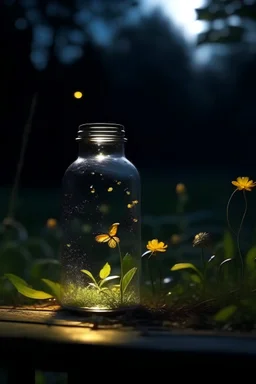 fireflies flying out of a bottle in a garden in the morning