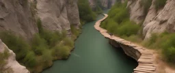 sentier naturel dans la falaise vertigineuse d'un canyon karstique très étroit surplombant une rivière avec des rapides dangereux