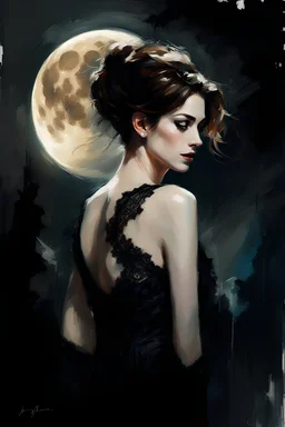 anne hathaway in a sexy black lace dress under a full moon : dark mysterious esoteric atmosphere :: digital matt painting with rough paint strokes by Jeremy Mann + Carne Griffiths + Leonid Afremov, black canvas, dramatic shading