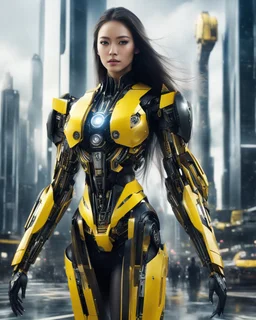 length image full body photo realistic high details beautiful woman long hair with body mechanical bLack and yellow inspired design by bumble bee transformer robot sense of luxury technology future, futuristic city background