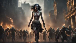 a horrifying female wight leading an army of rotting zombies through burning city. the big naked truth. fantasy setting. armor melted into the skin. blood. intense horror. blind terror. scared to death. a masterpiece, fantasy concept art, dynamic lighting, hyperdetailed, intricately detailed, deep color, Unreal Engine, volumetric lighting, Epic cinematic brilliant stunning intricate meticulously detailed dramatic atmospheric maximalist digital matte painting