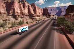 A Tesla 'Semi' (semi truck) is going at a high speed, in the 'Grand Canyon National Park'. (CINEMATIC, WIDE ANGLE LENS, PHOTO REAL)