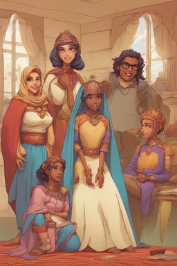 One day, Queen Batool was having a good time with her special team that was called "The Tea Council". Her team included: - Rayouf, the brave princess and the leader of the tribe - A talented writer who writes amazing stories - A real Barbie doll that talks and moves - Jim Carrey, the star of comedy and satire - Donald Trump, the former US president and the controversial figure They met in a spacious room decorated with large windows that allow sunlight to enter, bright colors, green plants, mode