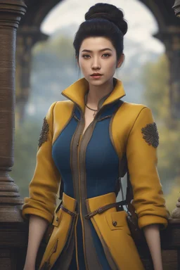 beautiful female, asian, pale skin, dark hair, high bun with Fauxhawk hairstyle, detailed dark eyes, yellow jacket, wearing backpack, baggy blue pants, fantasy setting, medieval, year 1800, 8k, 3d cgi, unreal engine 6, high detail, intricate, cinematic background, facing viewer