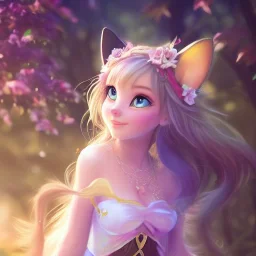 Cute beautiful princess cat girl in a fantasy world; shining eyes, magical world, extremely detailed long fur, high quality picture, beautiful full volumetric lighting, cinematic shimmering illumination, brilliant coloring, smooth, sharp focus, crispy quality, vray; Pixar, Disney, Artstation; HD, HDR, SF, CGSociety, 16k, photorealistic, unreal engine