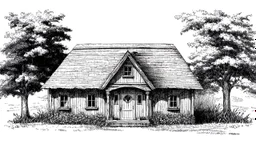 A front elevation fine line drawing of a fantasy wooden cottage reminiscent of the Burrow from Harry Potter