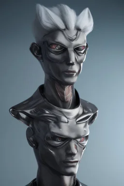 silver skinned anime Dragman cyberpunk with dragon mask in his eyes full body