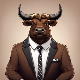 A cartoon royal game image of a brown bull with horns wearing a white shirt and black tie. He has folded arms and a frown on his face.