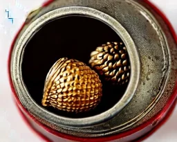 one oak acorn in tin box with note tied around