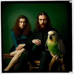 Awkward portrait Photo with a man and a woman, 30 years old sitting on chair, serious look, long 1960 hair and mustasch, polaroid camera style, holding small budgies