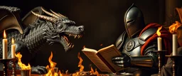 close up portrait painted by Rembrandt, dragon in chains and knights armor holding speech at burning dinner table