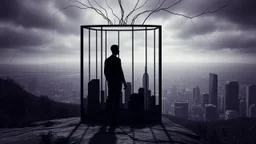 inner in an cube like cage stands a human figure and gaze city, , in outside around in the distance big landscape with big city and many fade human figures in the city, dark purple, gray, black, white, brown. Whimsical style and surreal vibe, lonely with neuron network background, surreal stunning vibe