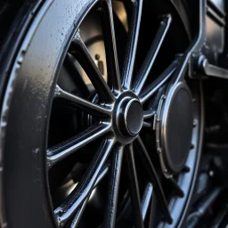 straight on view of spoked steel wheel(black) from a steam train. just the wheel