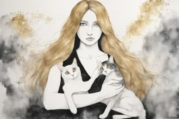 long haired woman with cat, white watercolor and black ink, golden glitters