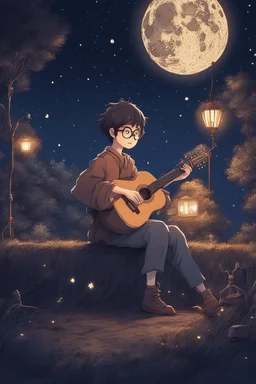 Under a starry night sky, the girl with glasses strums his guitar, his music echoing in the peaceful ambience of the Ghibli style anime night, intricately hand-drawn for a magical effect.