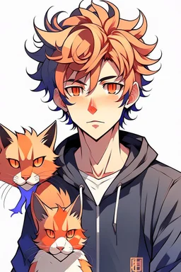 A young adult male human, one black cat ear, one orange cat ear, black and orange messy hair anime realistic