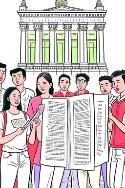 Ilustrasi beberapa sekelompok pemuda memegang salinan konstitusi Indonesia, dan berasa di depan gedung konstitusi Indonesia