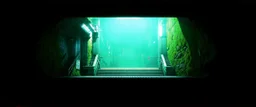 GAME CONCEPT ART .two poin perspective.Station platform and stairs from side .photograph inside of hole .very big ambient.gient station.Inside the old subway tracks, . Low light and closed green moss walls. Like the original design of the game space ,digital art.landscape,far camera old painting,2 Chen and George Hopper, Rembrandt lighting, a dark green color scheme, . --ar 13:16 --v 6. 0 metro game