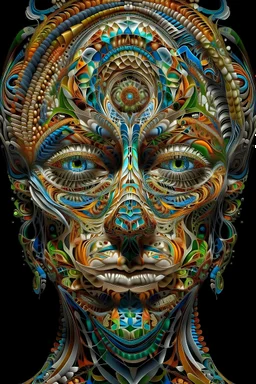fractal face, seemingly made of intricate and intertwining shapes that twist and fold into one another. The face appears to be composed of an endless series of smaller and smaller iterations of itself, creating an illusion of depth and complexity that seems to defy reality. The skin of the face is a swirling kaleidoscope of colors, ranging from vivid blues and greens to fiery oranges and reds, with occasional flecks of white and black. The features of the face, such as the eyes, nose, and mouth,