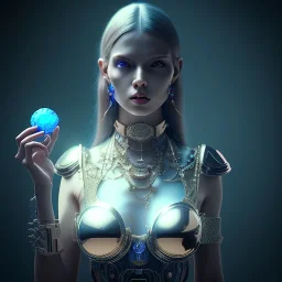 a woman holding a blue crystal, scary, steam punk, realistic, made in octane, cinematic, ultra-realistic, extremely detailed octane rendering, 8K, VRAY Super Real ar 2:3, dof photorealistic futuristic 50mm lens hard lighting dark gray tintype photograph, realistic lighting