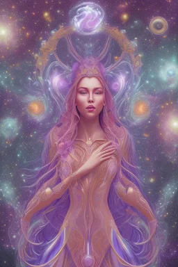 Create an image of a full body cosmic Goddess. The goddess should be depicted as a beautiful and powerful figure, surrounded by cosmic stars. Her hair should be long, blond and flowing, and she should be dressed in a flowing gown blue celestial robe. In the background, include imagery of pink flowers, blue sky,trees. The image should evoke a sense of joy, celebration, and spiritual connection to nature.